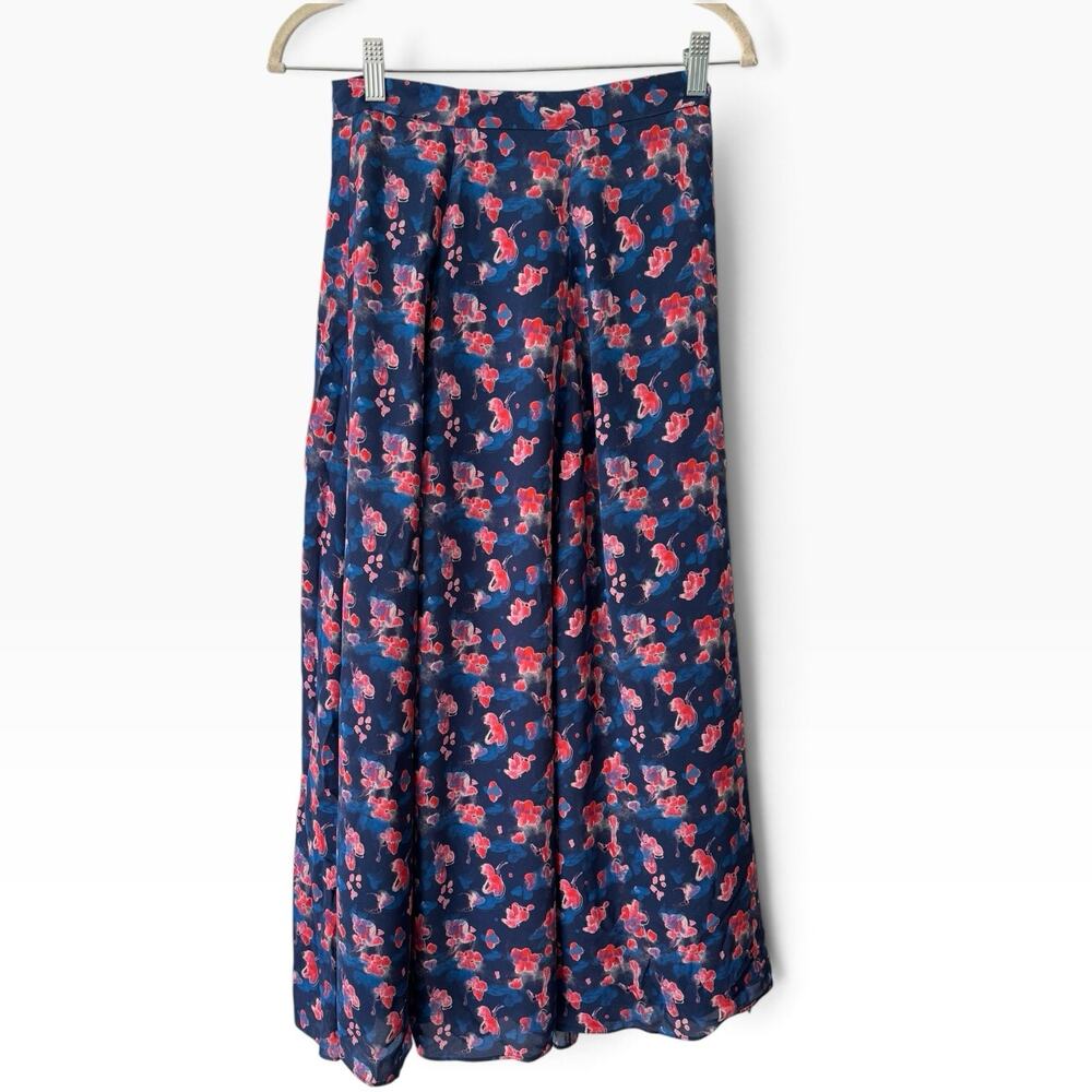 Tanya Taylor Silk High Slit Maxi Skirt Size 0 Blue Pink Floral
